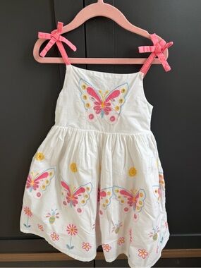Mini Boden White Dress with Pink Butterfly Embroidery & Eyelet Details | 2-3Y